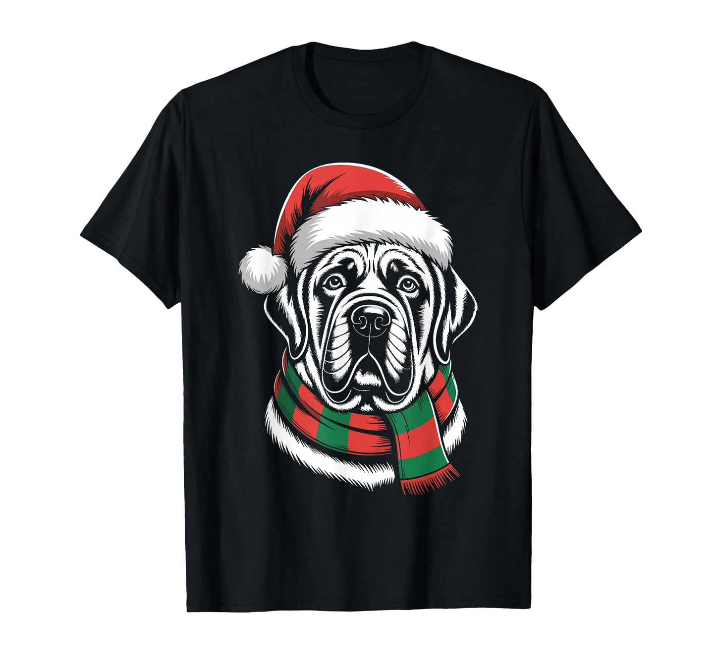 English Mastiff Dog Xmas Santa Hat Scarf Christmas Costume T-Shirt