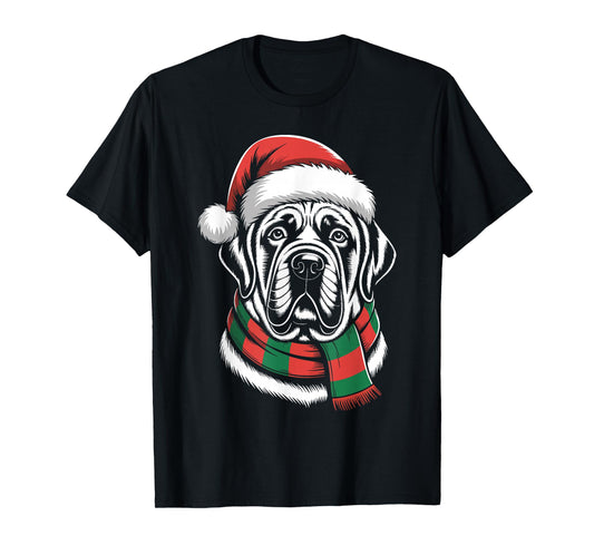 English Mastiff Dog Xmas Santa Hat Scarf Christmas Costume T-Shirt