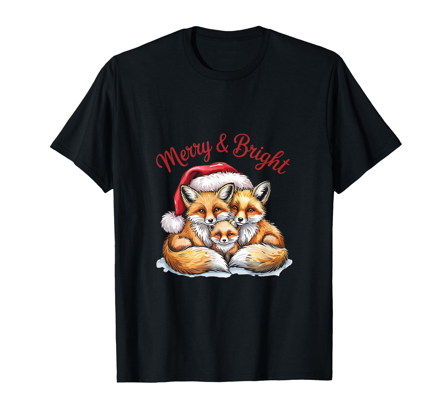 Merry Fox Family Christmas Art with Santa Hat T-Shirt