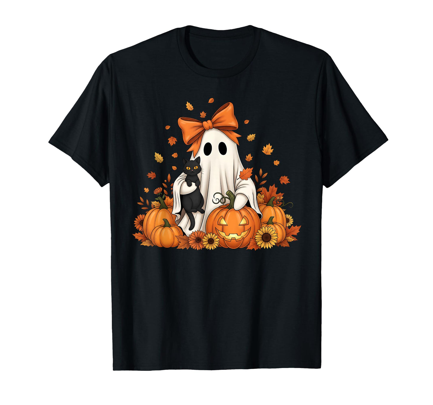 Vintage Halloween Ghost Holding Black Cat Groovy Floral T-Shirt