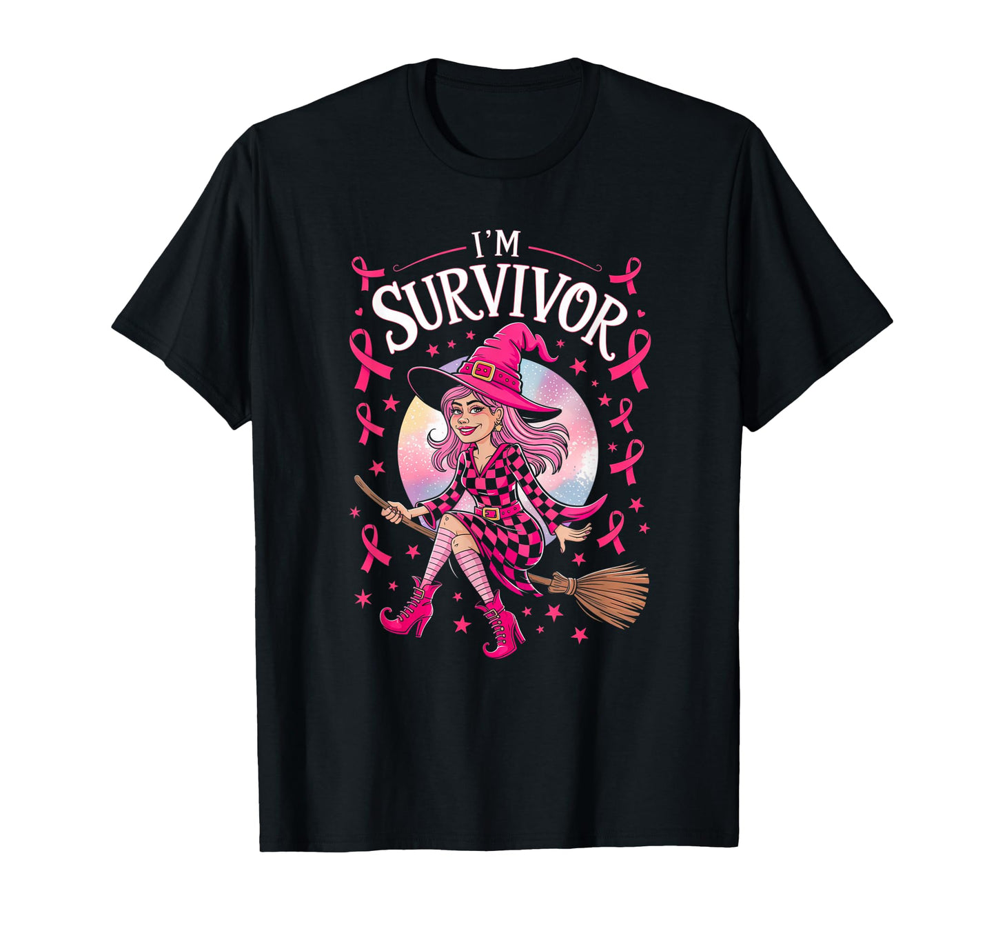 Halloween Party Witch Pink Ribbon Survivor Breast Cancer T-Shirt