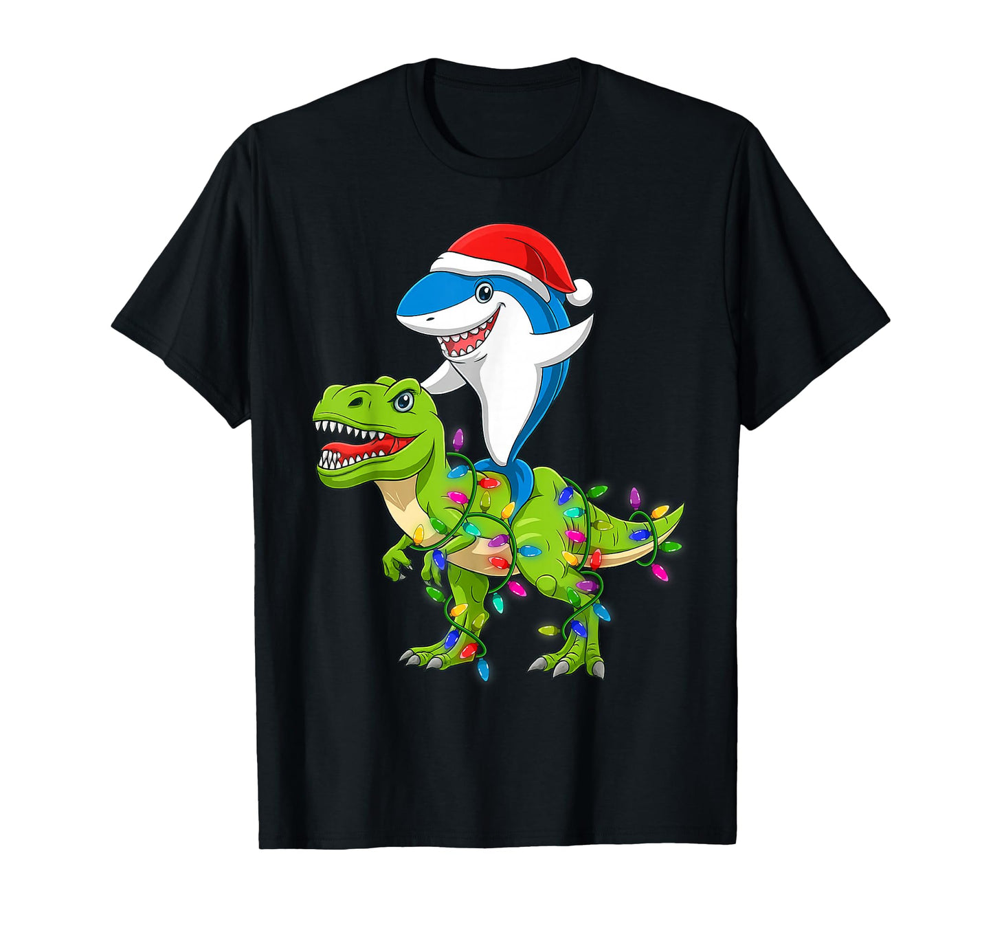 Shark Riding Dinosaur Christmas Lighting Mens Xmas Squad T-Shirt