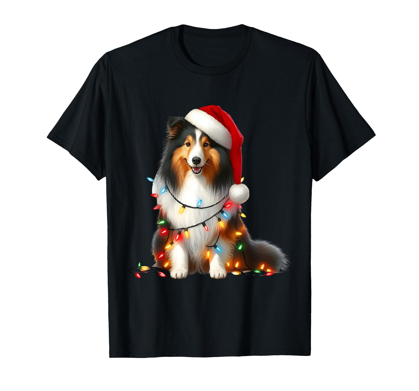 Shetland Sheepdog Dog Christmas Lights Santa Hat Dog Lover T-Shirt