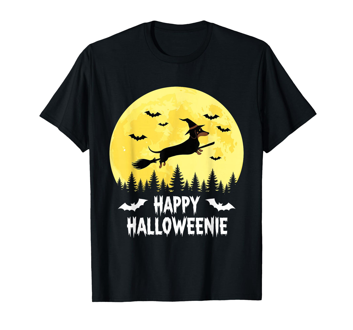 Happy Halloweenie Funny Halloween Dachshund Flying Witch T-Shirt