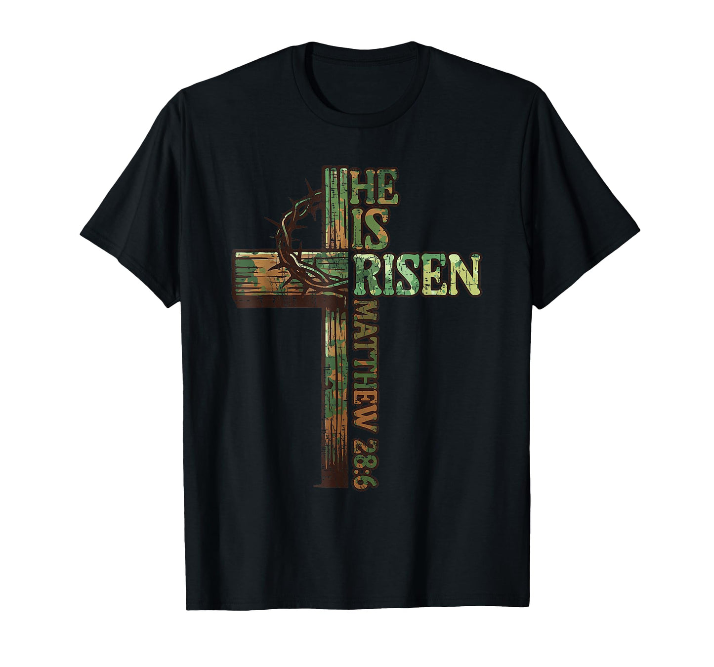 Vintage Camo Cross He Is Risen Jesus Christian Religious T-Shirt