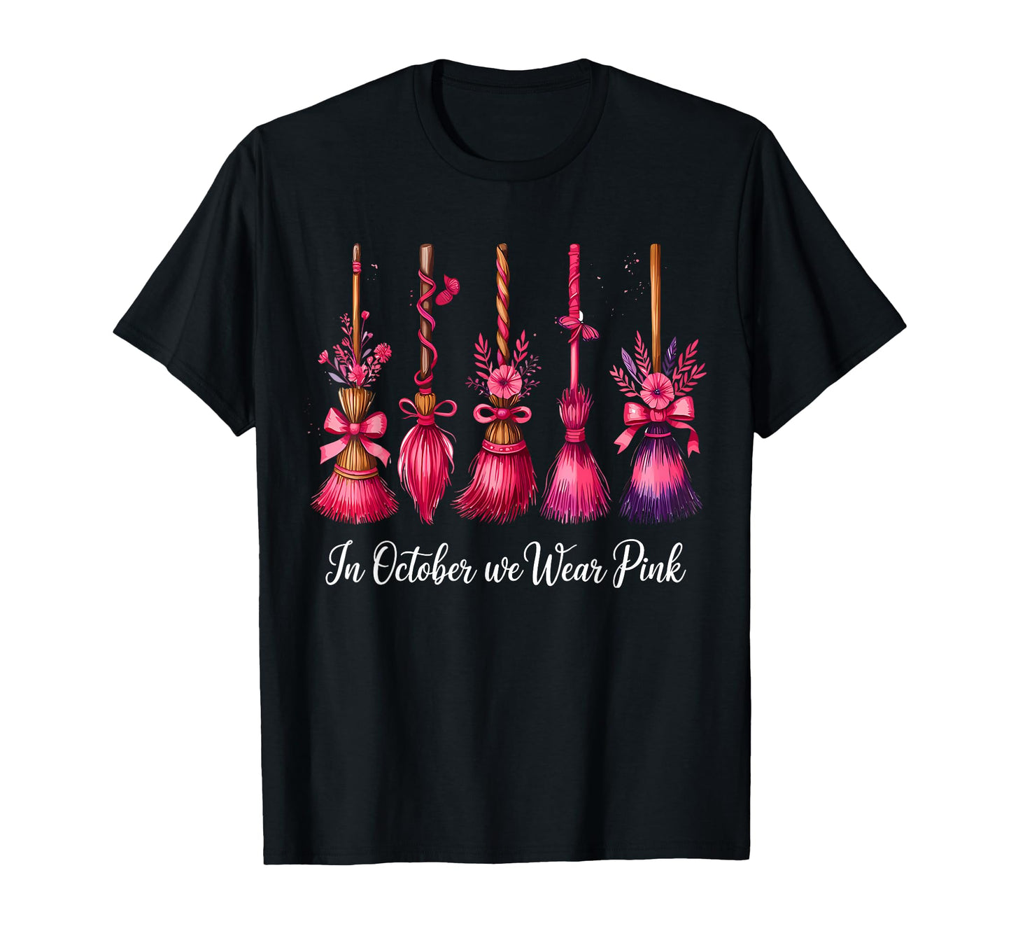 in October We Wear Pink Witch Brooms Halloween Breast Cancer T-Shirt