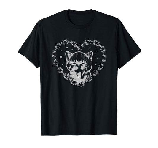 Cute Y2K Cat Chain Heart Emo Goth 90s 2000s Vintage Graphic T-Shirt