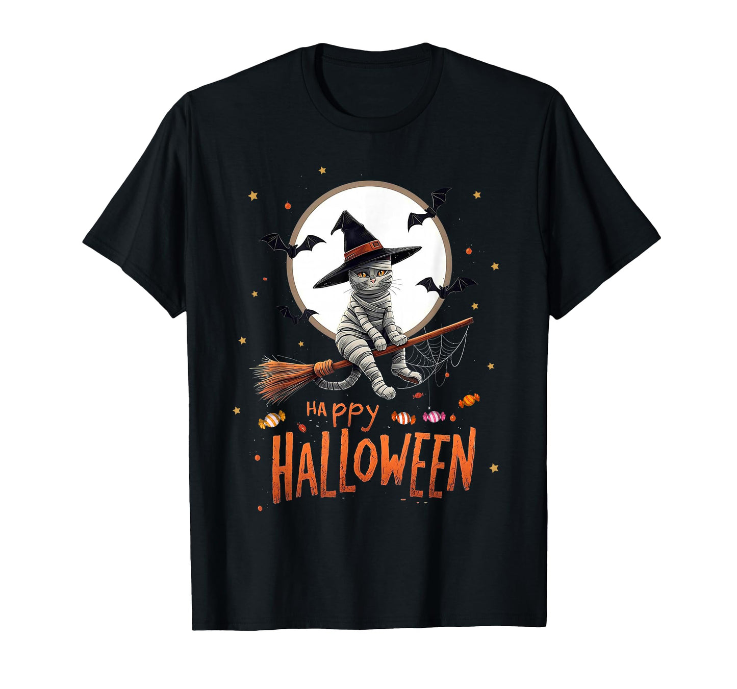Mummy Cat Witch Candy Spooky Ghost Happy Halloween Costume T-Shirt