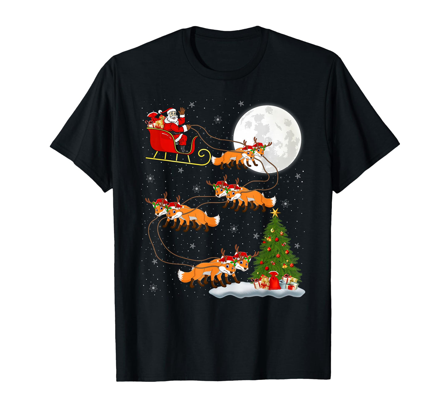 Coyote Fox Santa Sleigh Flying Funny Magical Christmas T-Shirt