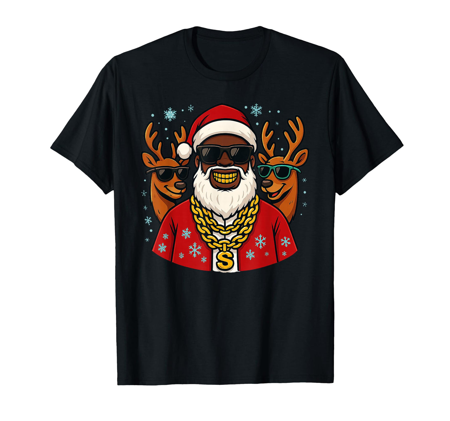 Santa Hip Hop Christmas with Chains, Grill and Reindeer T-Shirt