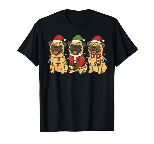 Cute Pug Dogs Christmas Lights Santa Holiday Fun Men Women T-Shirt