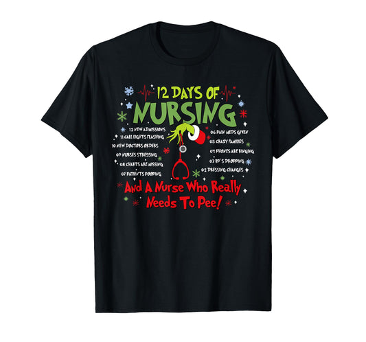 12 Days of Nursing Stethoscope Nurse Christmas Xmas Holiday T-Shirt