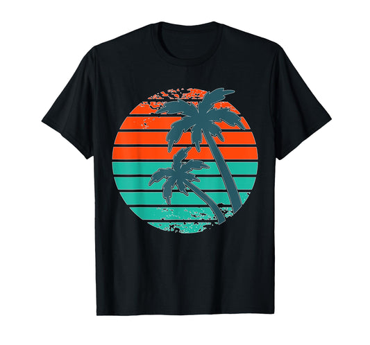 Tropical retro palm tree sunset in orange, aqua and teal T-Shirt