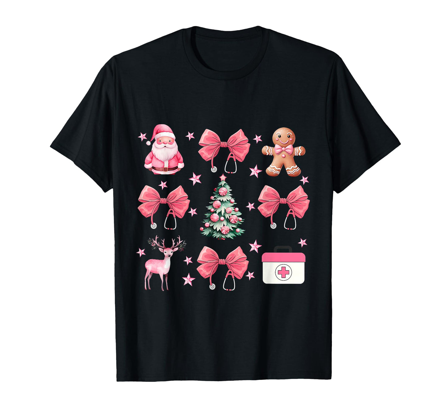Coquette Bow Pink Nurse Tree Santa Gingerbread Christmas T-Shirt