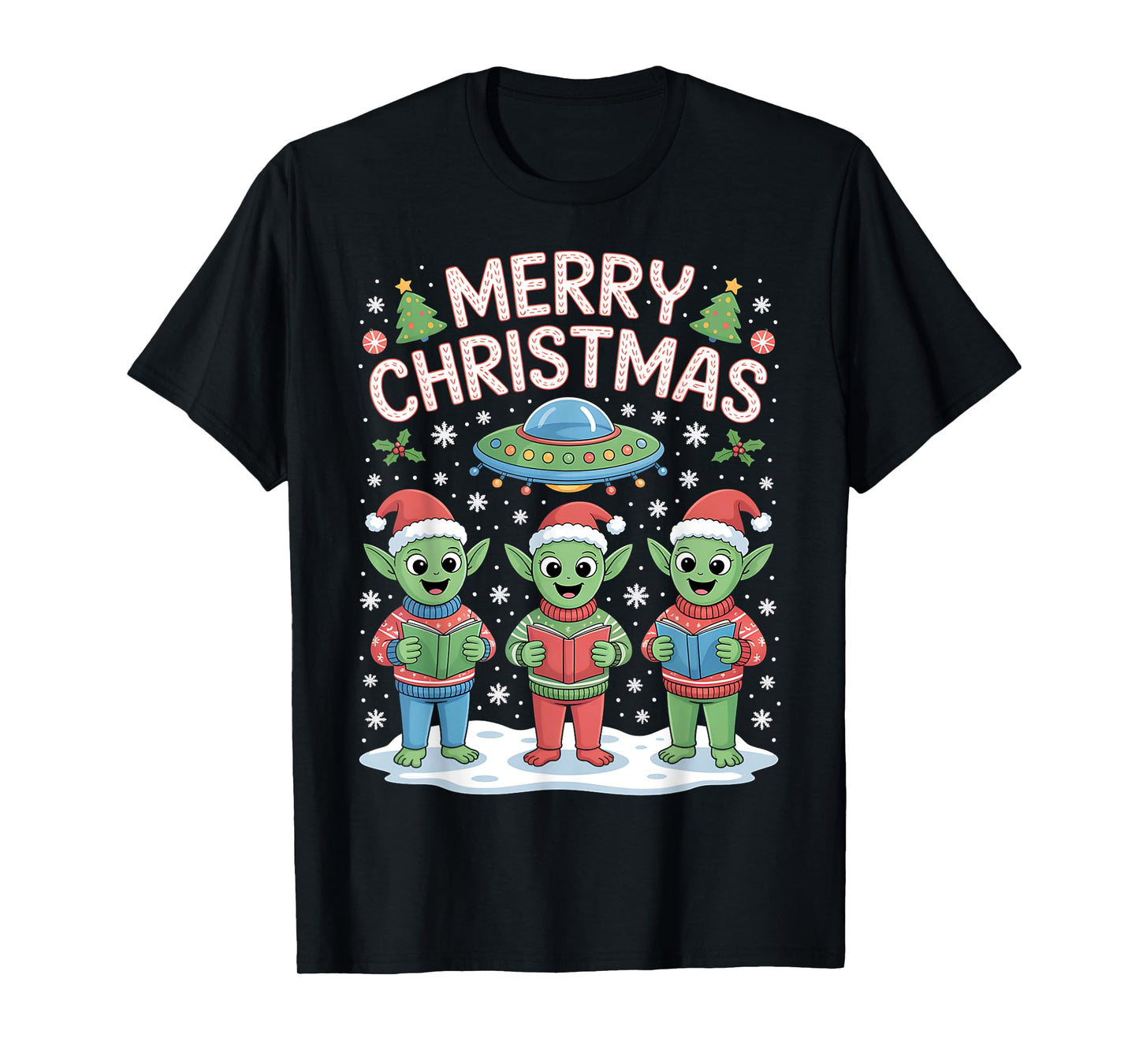 Funny Alien Trio Merry Ugly Christmas Santa Hat Gifts Xmas T-Shirt