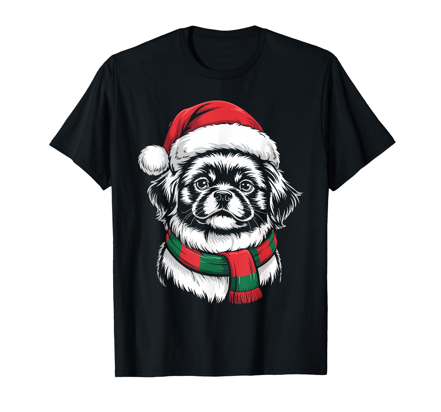 Pekingese Dog Xmas Santa Hat Scarf Christmas Costume T-Shirt