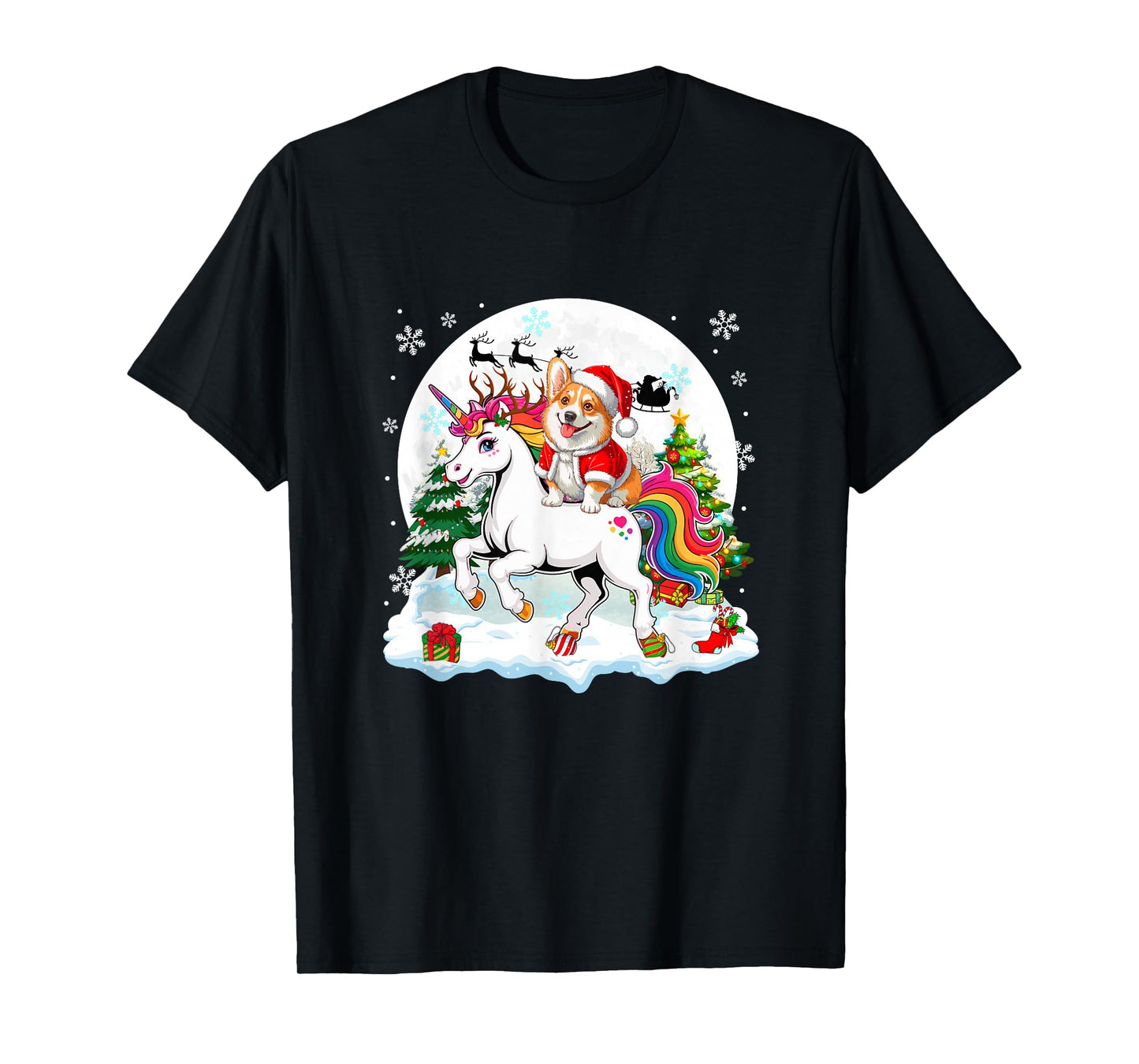 Santa Corgi Riding Unicorn Reindeer Christmas Owner Kids T-Shirt