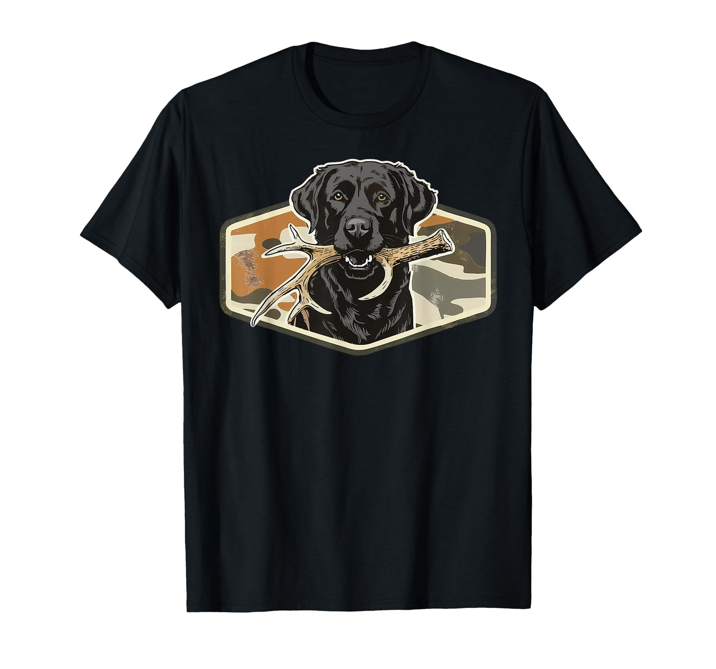 Dog Black Lab with Deer Antler Camouflage Hunting Season T-Shirt