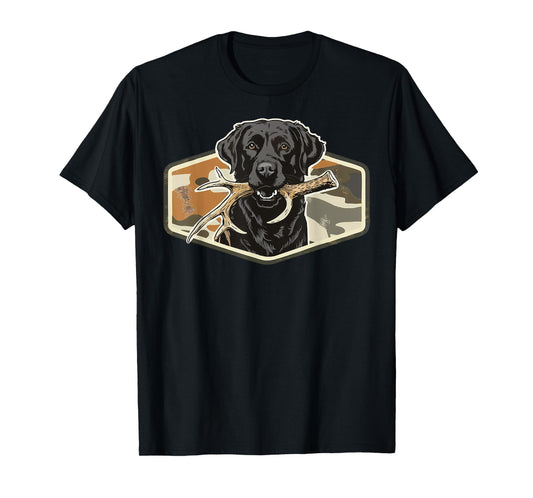 Dog Black Lab with Deer Antler Camouflage Hunting Season T-Shirt