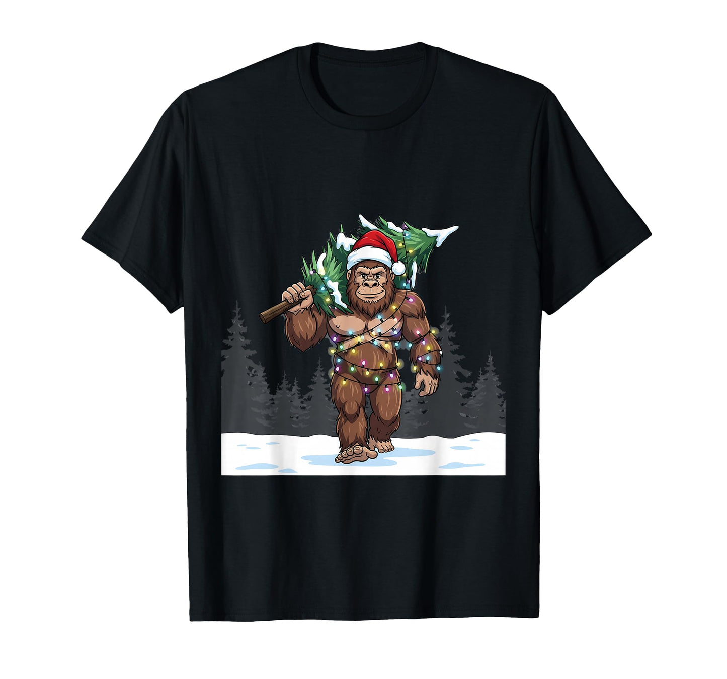 Bigfoot Christmas Tree Funny Holiday Lights Santa T-Shirt