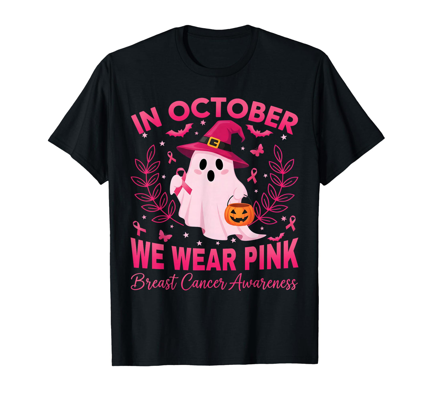 in October We Wear Pink Ghost Witch Breast Cancer Awareness T-Shirt