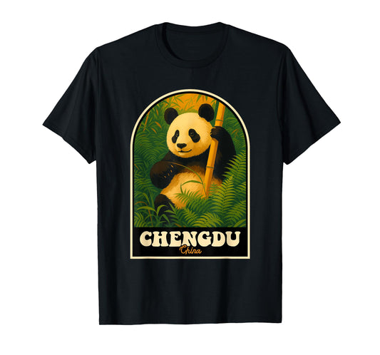 Chengdu China Vintage Panda Bamboo Forest Art T-Shirt