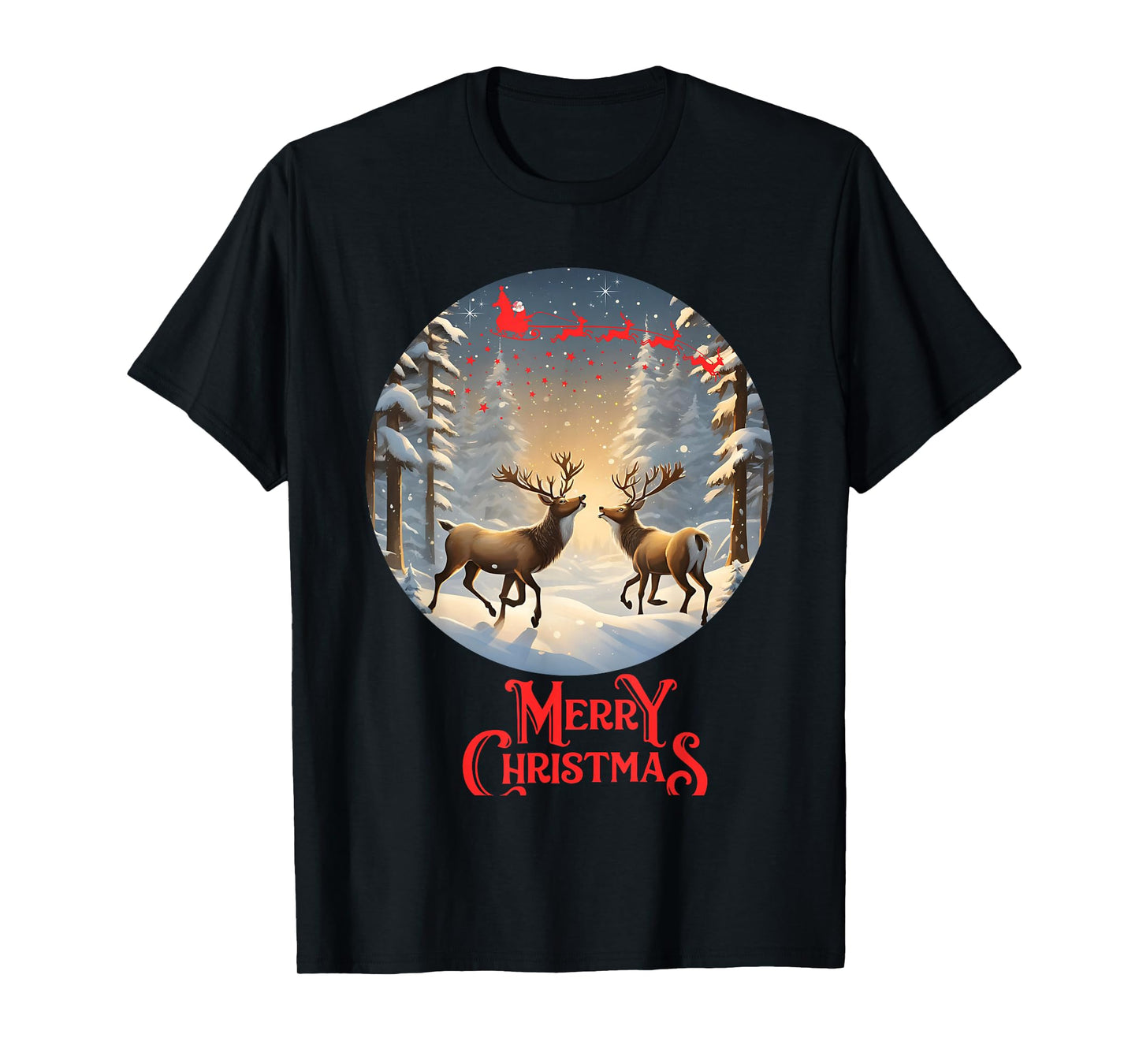 Merry Christmas Reindeers Santa Sleigh Cute T-Shirt