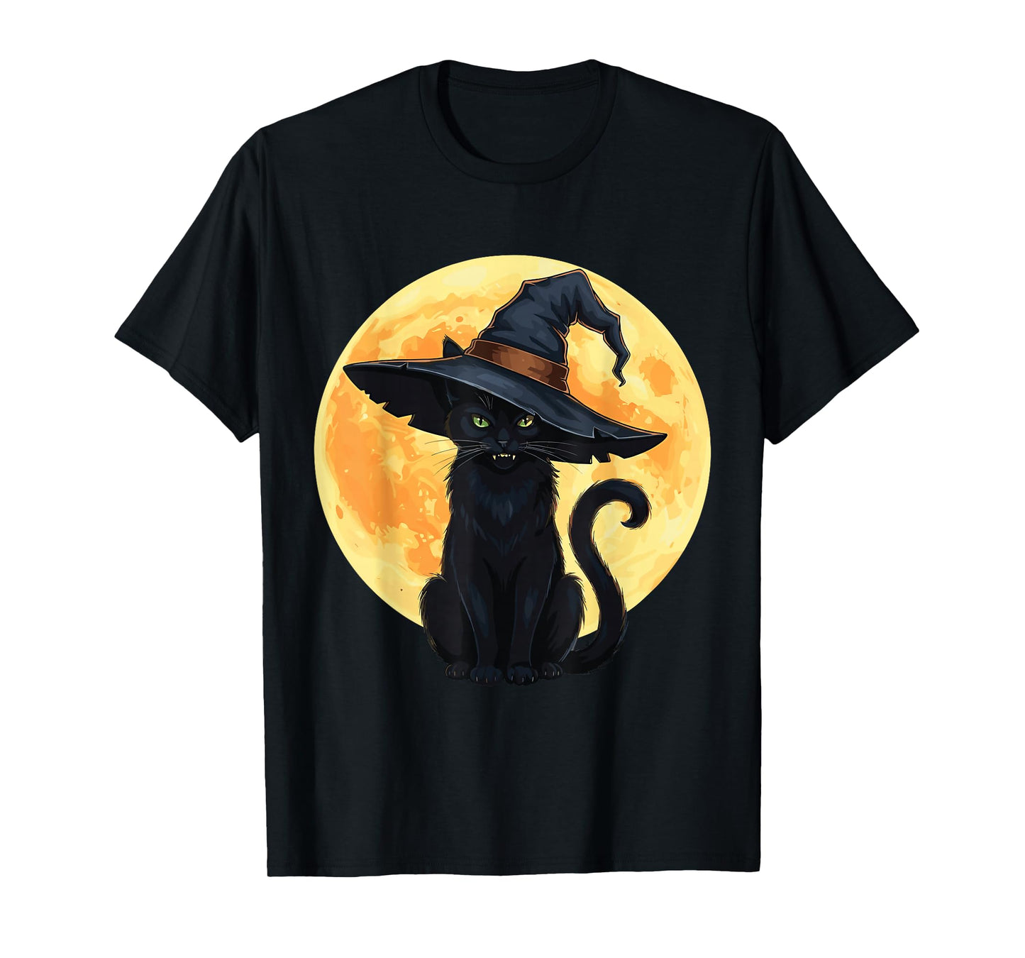 Vintage Scary Black Cat with Full Moon Witch Hat T-Shirt