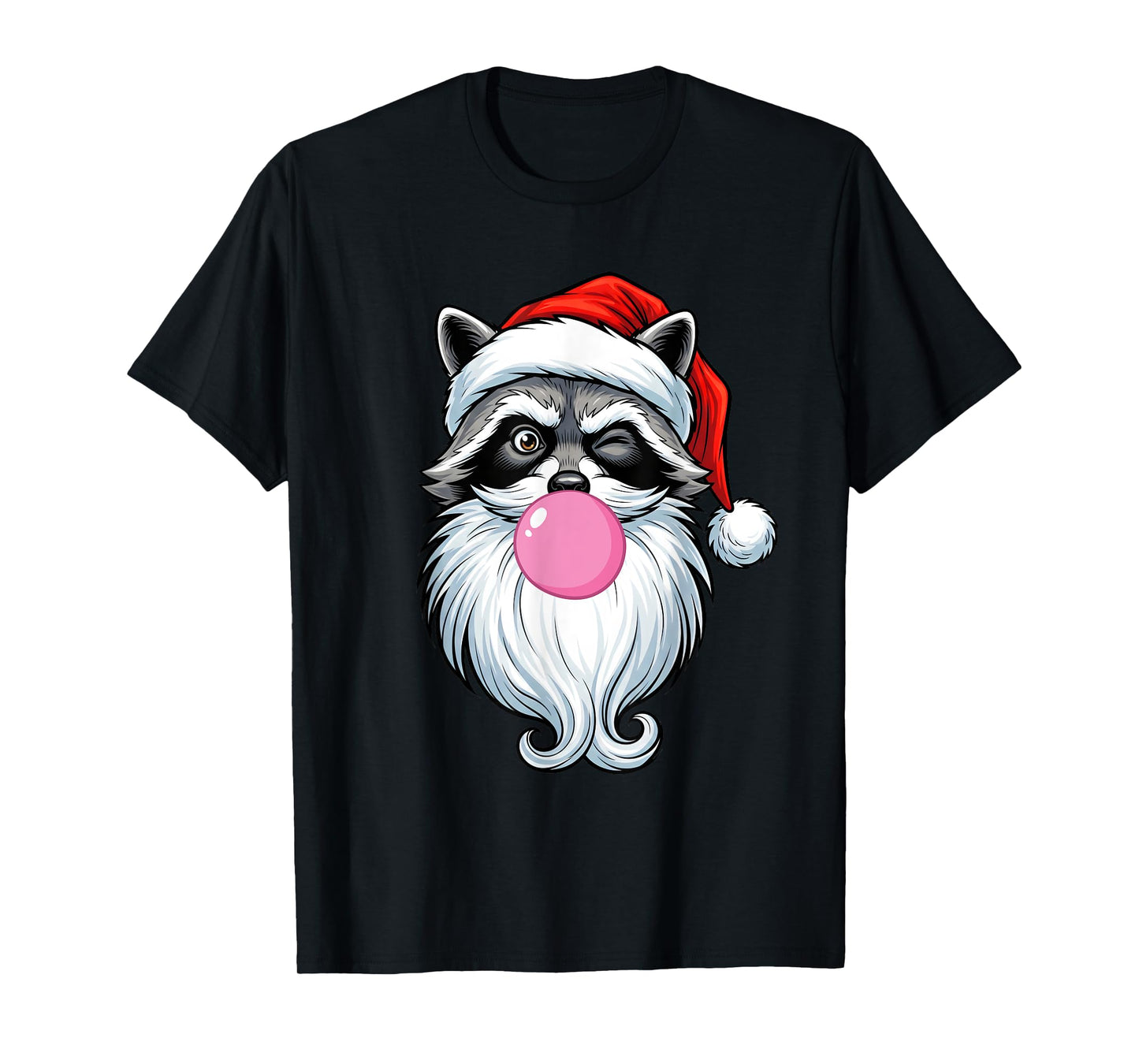 Winking Raccoon Santa with Bubble Gum Funny Santa Christmas T-Shirt