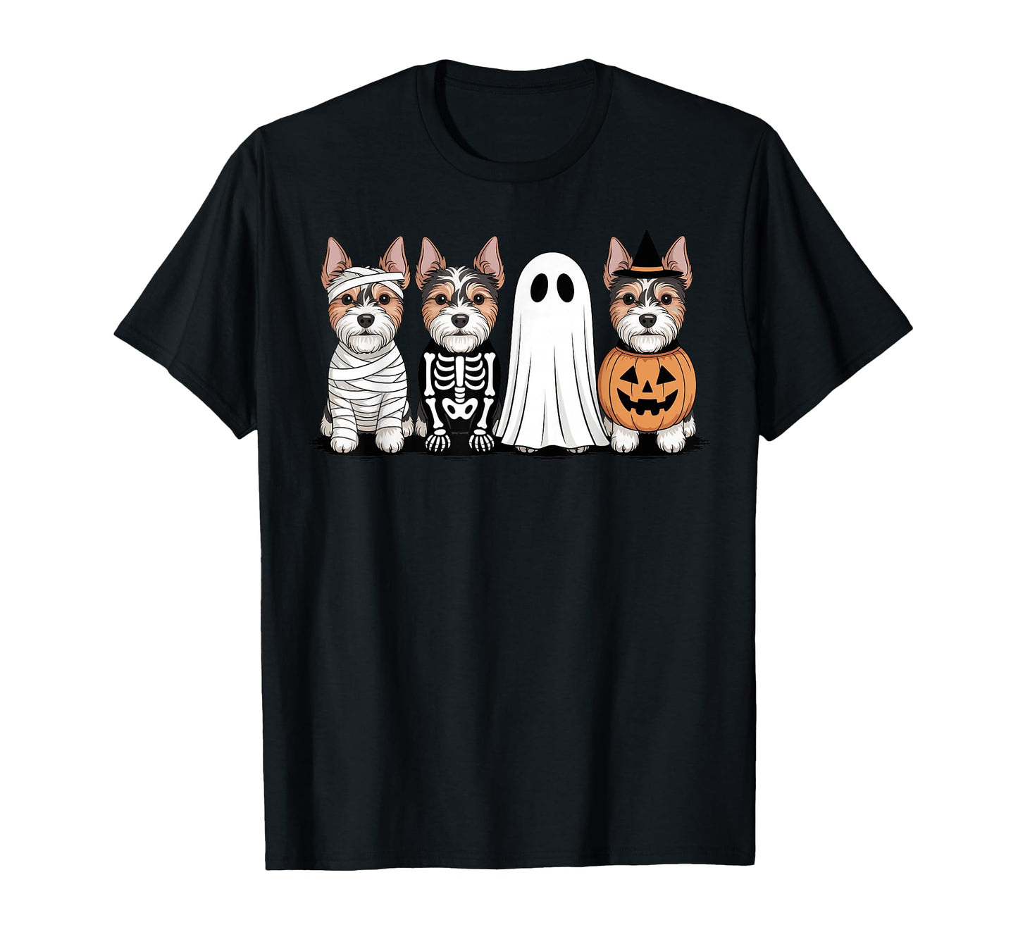 Spooky Ghost Biewer Terrier Pumpkin Halloween Dog Skeleton T-Shirt