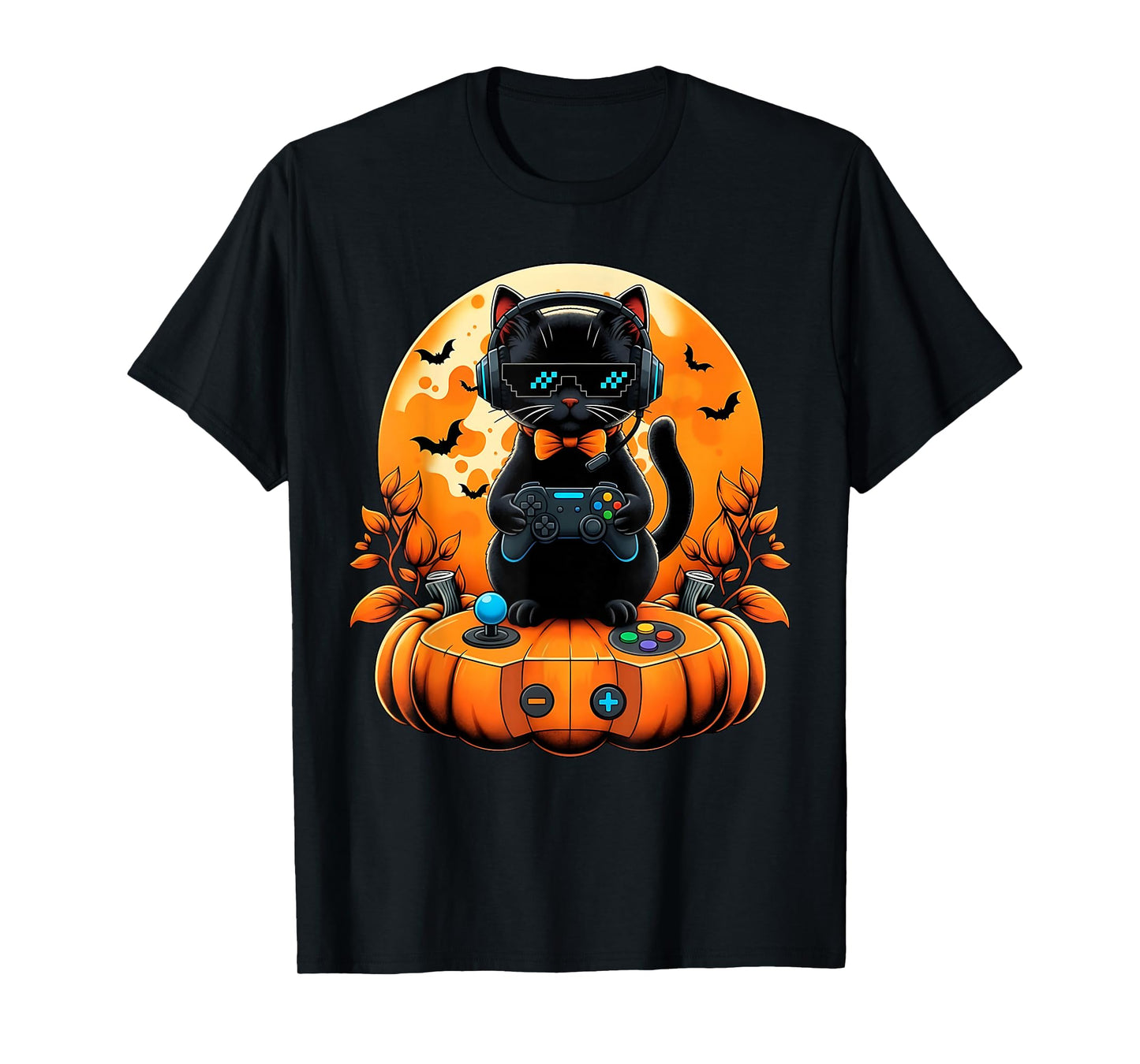Funny Gamer Black Cat Pumpkin Halloween Fall Autumn Season T-Shirt