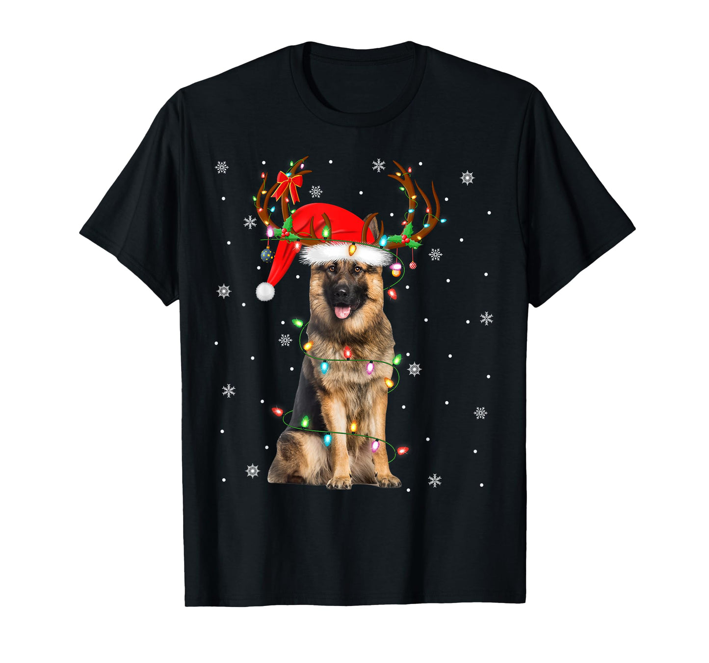 German Shepherd Dog Christmas Lights Reindeer Santa Xmas T-Shirt