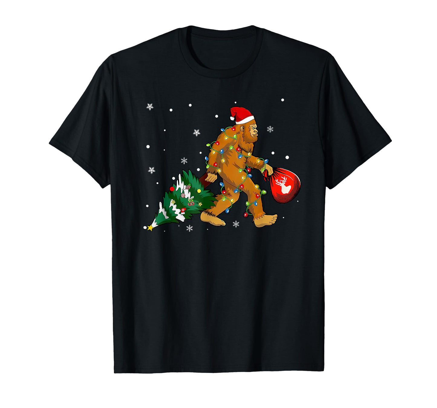 Bigfoot Christmas Tree Lights Xmas Boys Men Sasquatch Lovers T-Shirt
