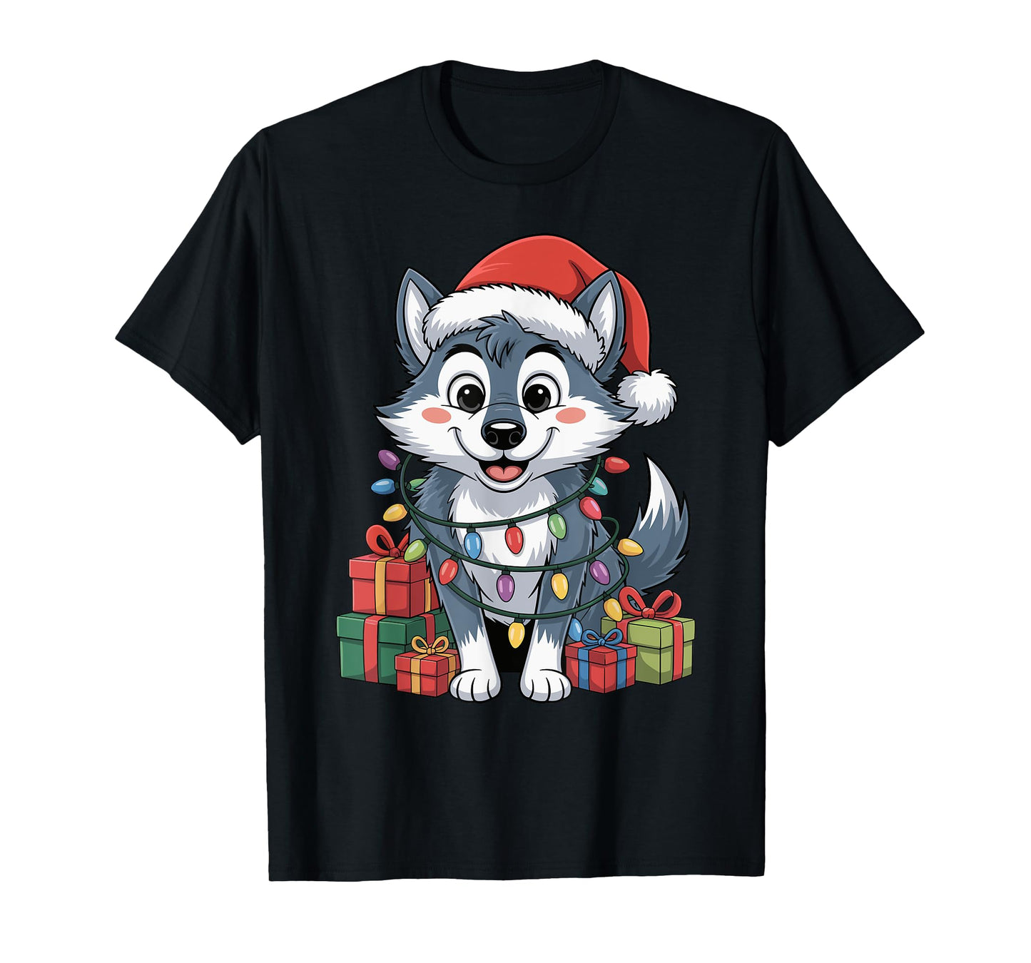 Funny Wolf Santa Hat Animals Lovers Ugly Christmas Pajamas T-Shirt