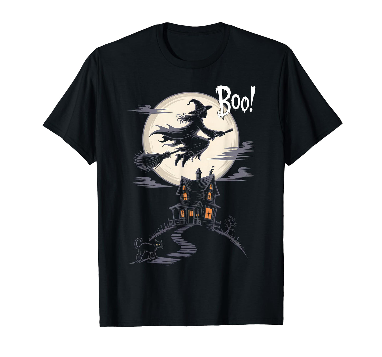 Flying Witch Boo Haunted Spooky House Halloween Night T-Shirt