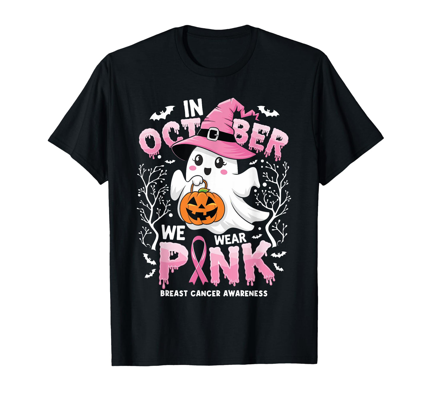 In October We Wear Pink Ghost Witch Breast Cancer Awareness T-Shirt