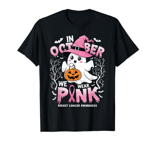 In October We Wear Pink Ghost Witch Breast Cancer Awareness T-Shirt