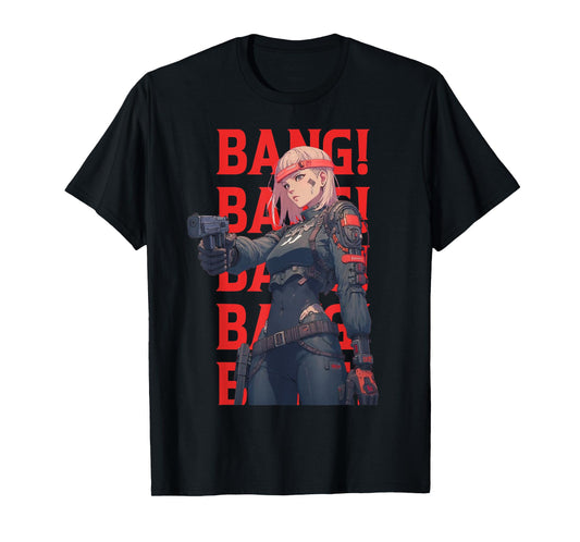 BANG! BANG! BANG! BANG! BANG! Cool Anime Girl Shooting Gun T-Shirt