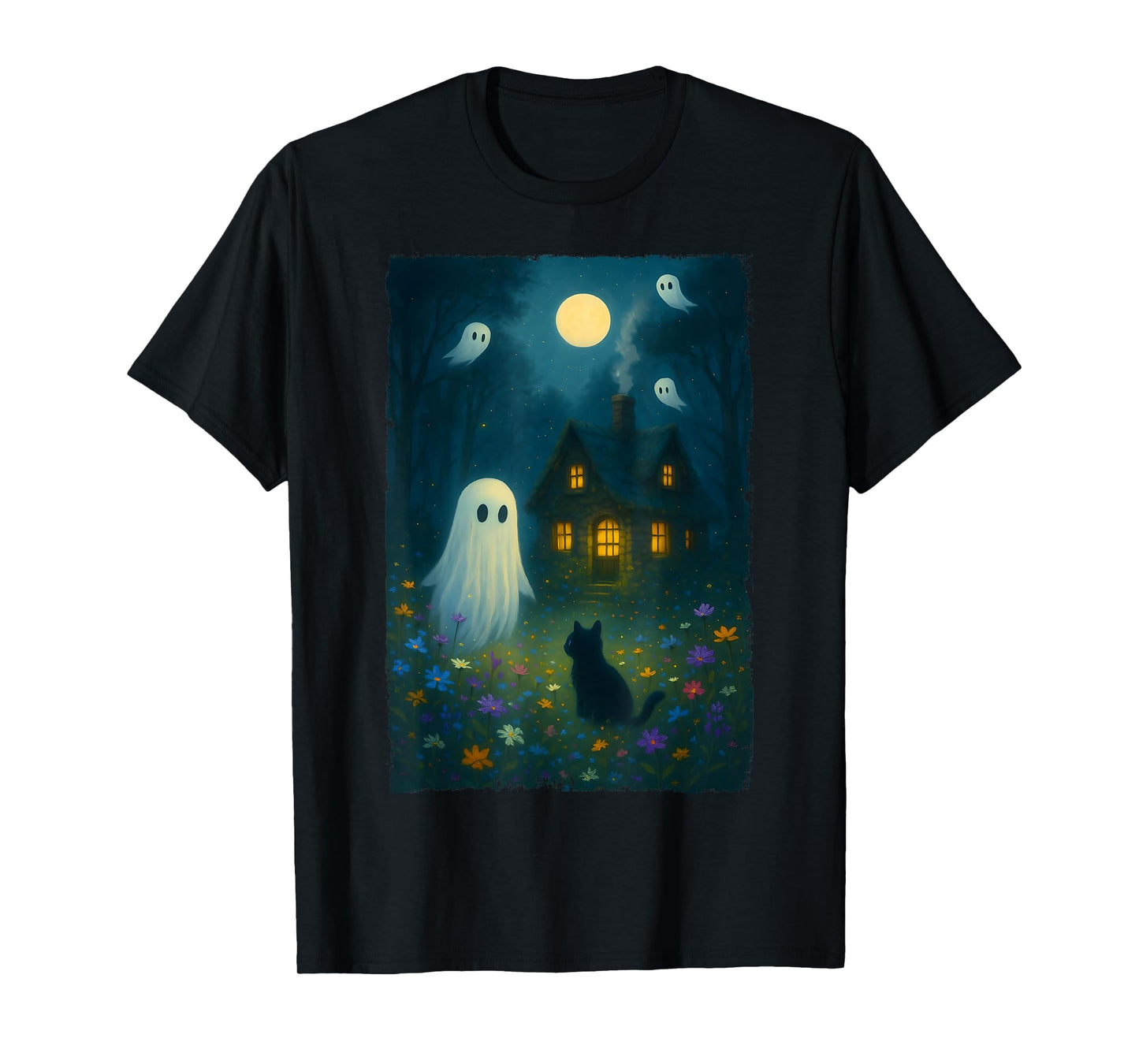 Vintage Floral Ghost Black Cat Halloween Ghost Spooky Gothic T-Shirt