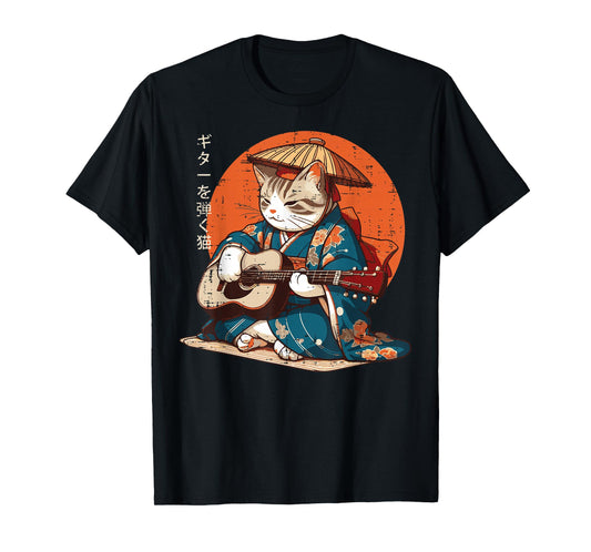 Japanese Cat Kimono Guitar Samurai Music Men Boys Kids Women T-Shirt