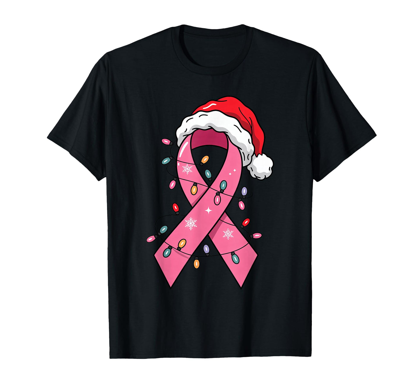Pink Ribbon Santa Hat Christmas Lights Breast Cancer Warrior T-Shirt