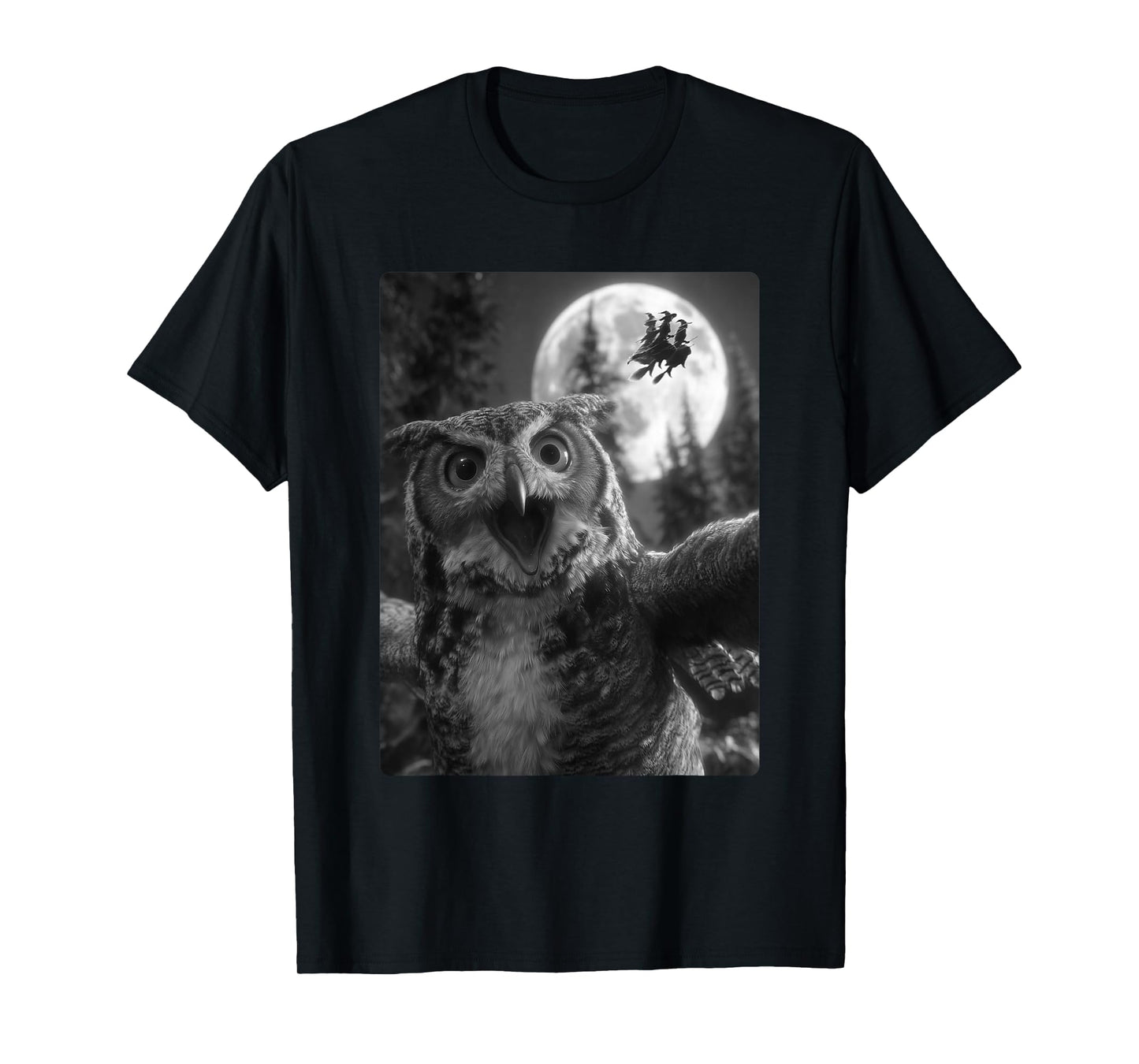 Funny Owl Selfie Full Moon Flying Witches Forest Halloween T-Shirt