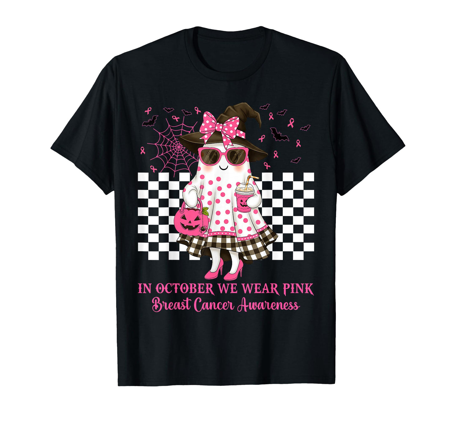 in October We Wear Pink Ghost Witch Breast Cancer Awareness T-Shirt