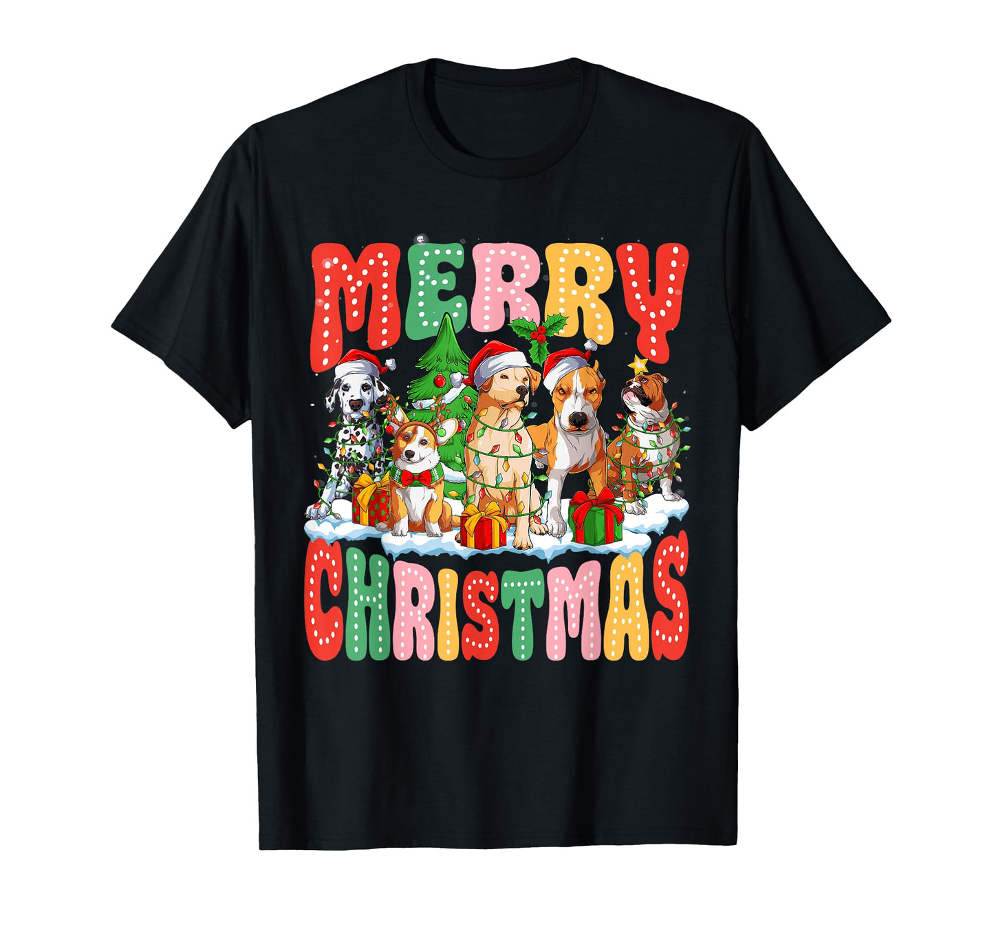 Funny Dogs Christmas Lights Matching Family Pajamas Xmas T-Shirt