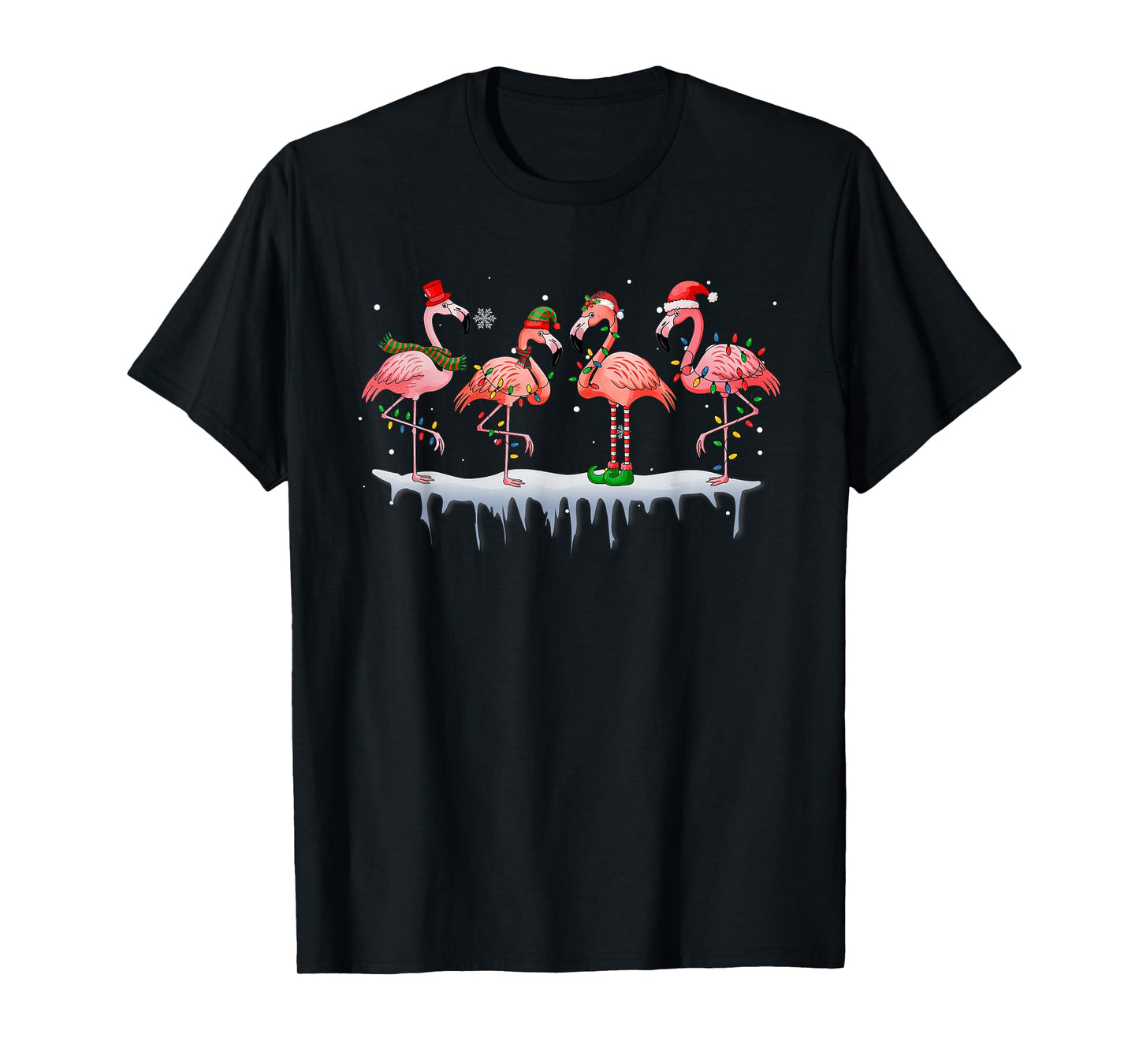 Pink Flamingo Hat Santa Merry Christmas Lights Womens Girls T-Shirt