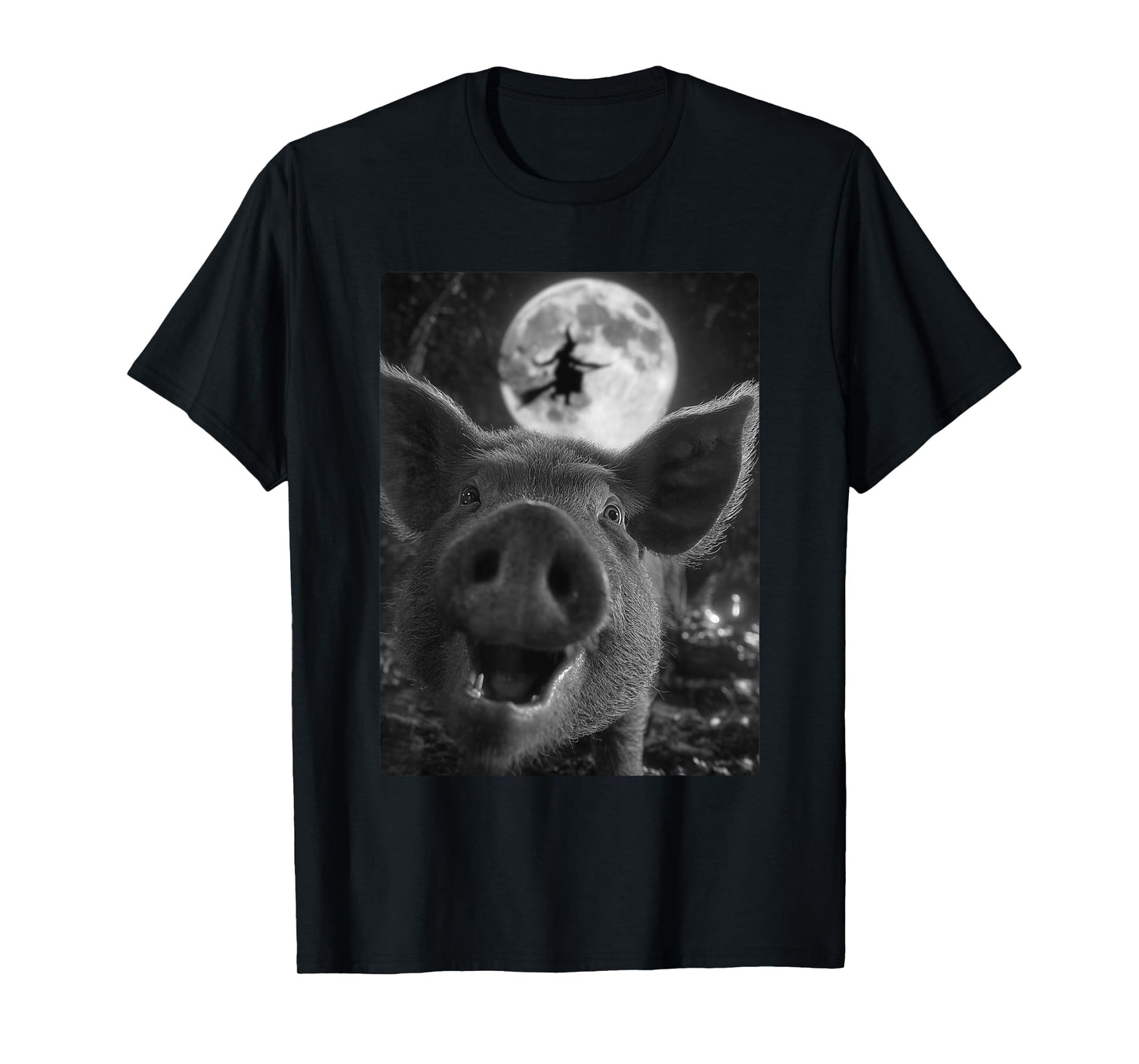 Funny Pig Selfie Full Moon Flying Witch Forest Halloween T-Shirt
