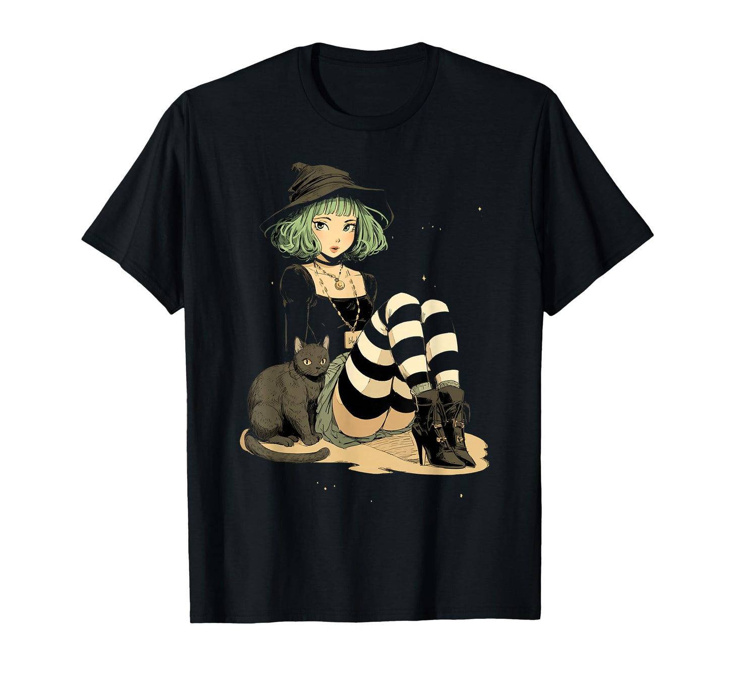 Sexy Witch Green Hair Black White Stripe Stockings Halloween T-Shirt