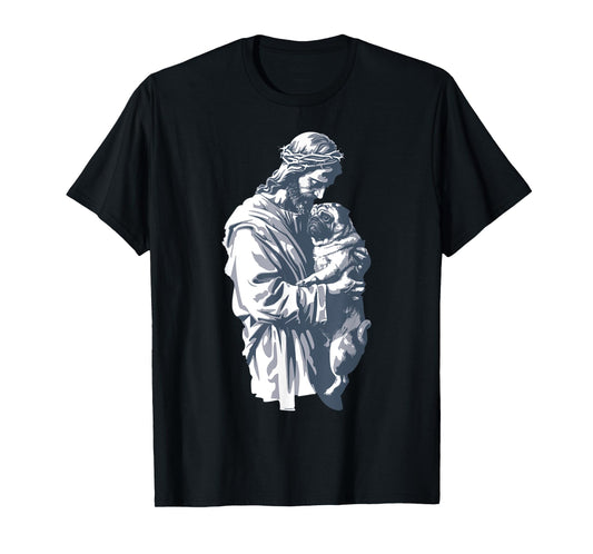 Funny Vintage Jesus Holding Cute Pug Retro 90s Christian T-Shirt