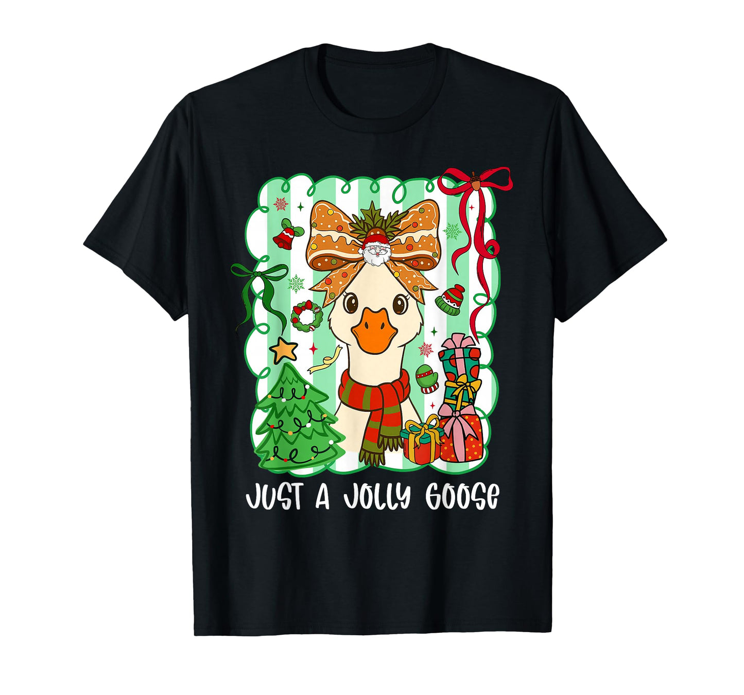 Preppy Just A Jolly Goose Cute Bow Christmas Women Girl T-Shirt