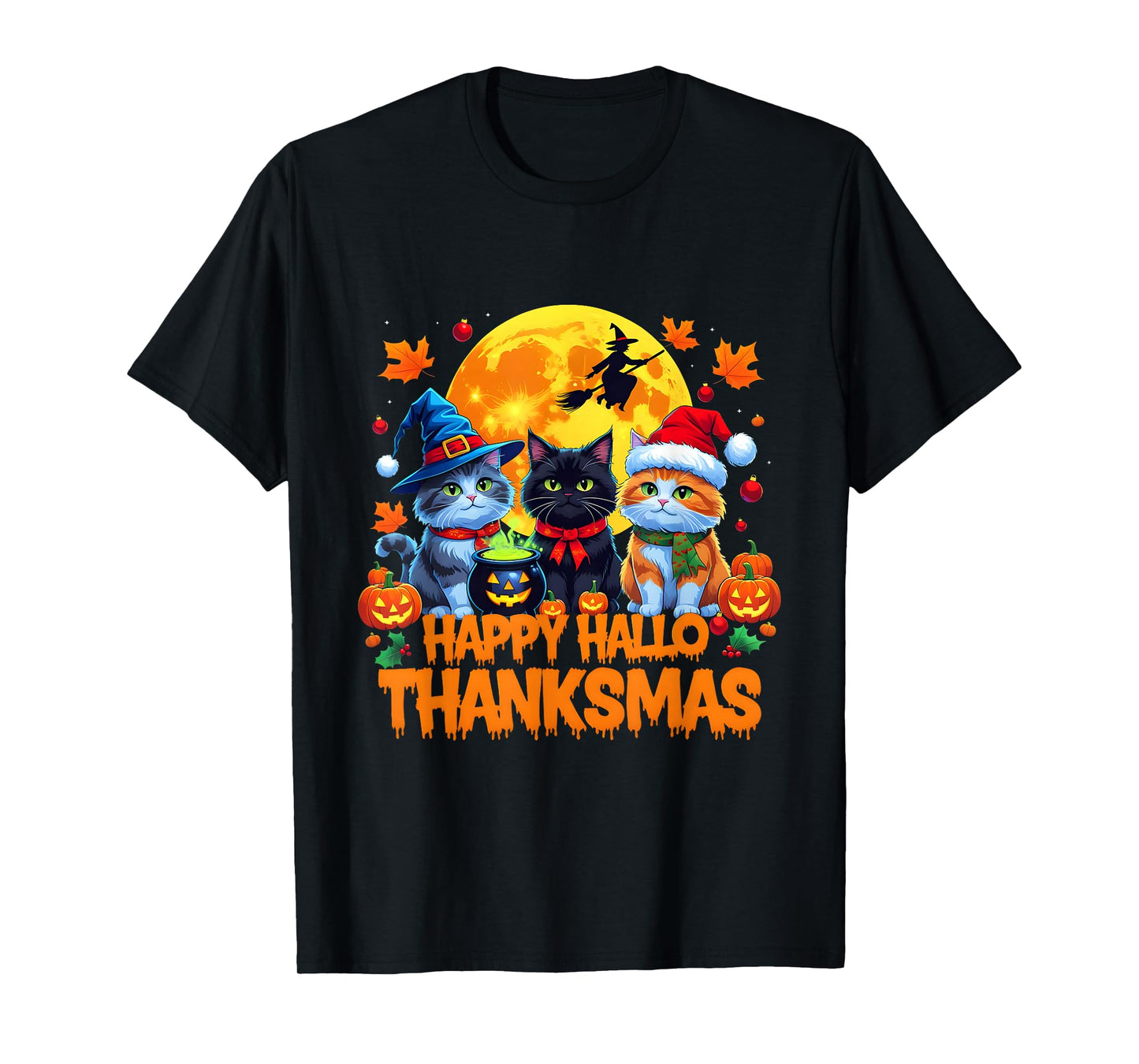 Thanksgiving Christmas Cats Happy Hallothanksmas Halloween T-Shirt